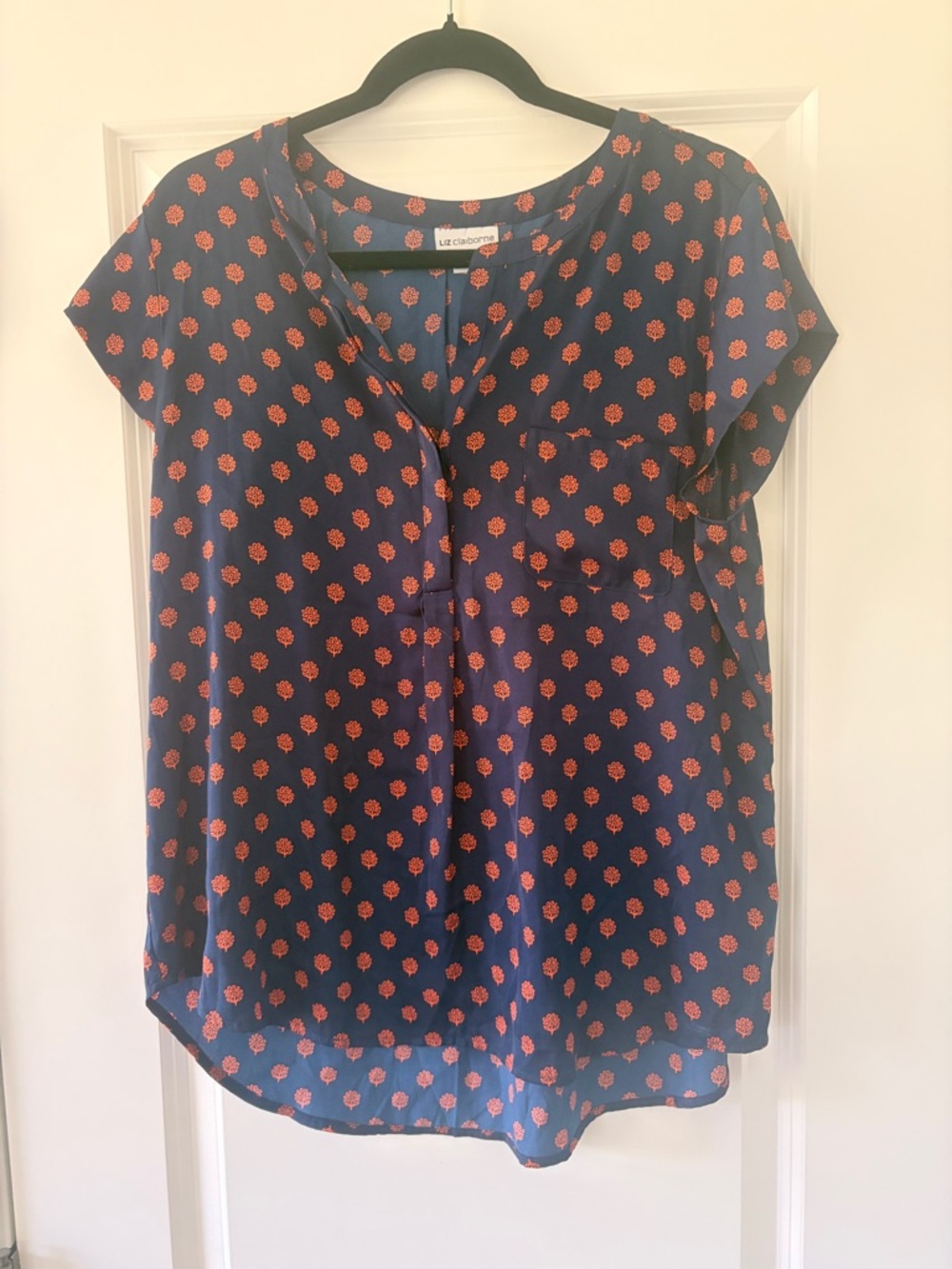 Liz Claiborne Navy Blouse with Coral Dot Floral Print